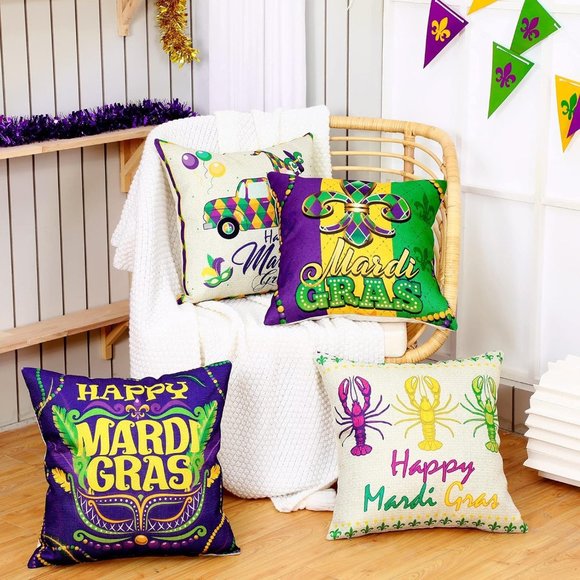 NWOT Mardi Gras Pillow Covers 18x18 Set of 4 Happy Mardi Gras - Picture 2 of 6